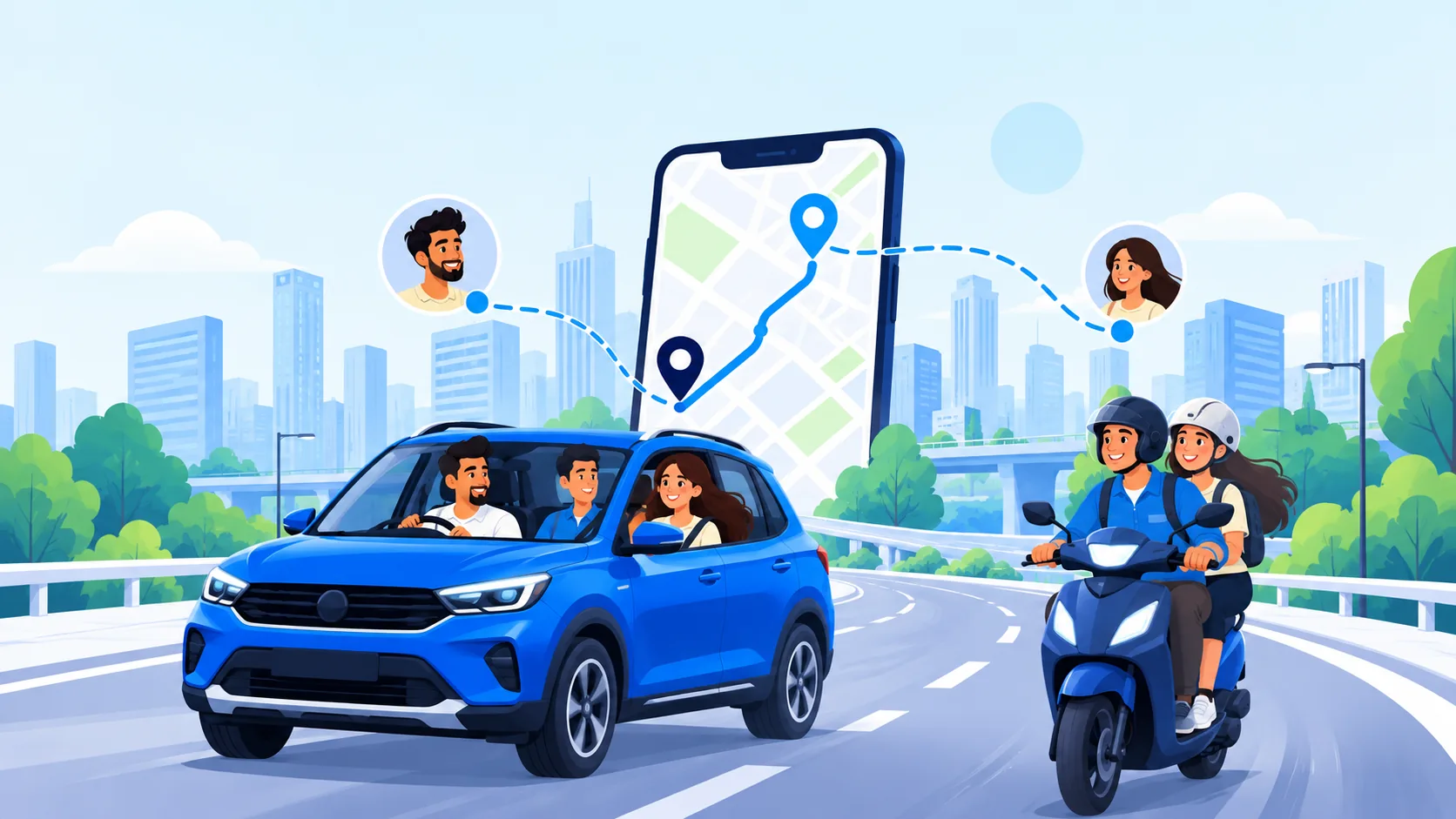 Illustration of people sharing a blue SUV and a scooter on a city road, with their route on a phone map between a driver and a passenger