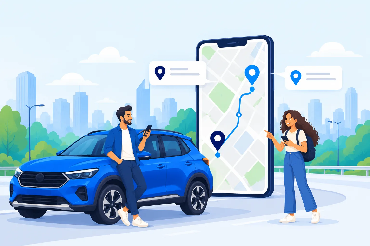 Illustration of a driver leaning on a blue SUV and a passenger with her phone, beside a large phone map with a route between pickup and drop pins
