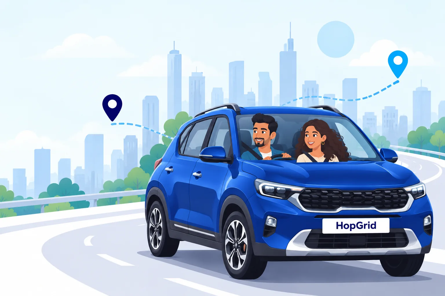 Illustration of a driver and a passenger sharing a blue SUV on a city road, with a dotted route between two map pins