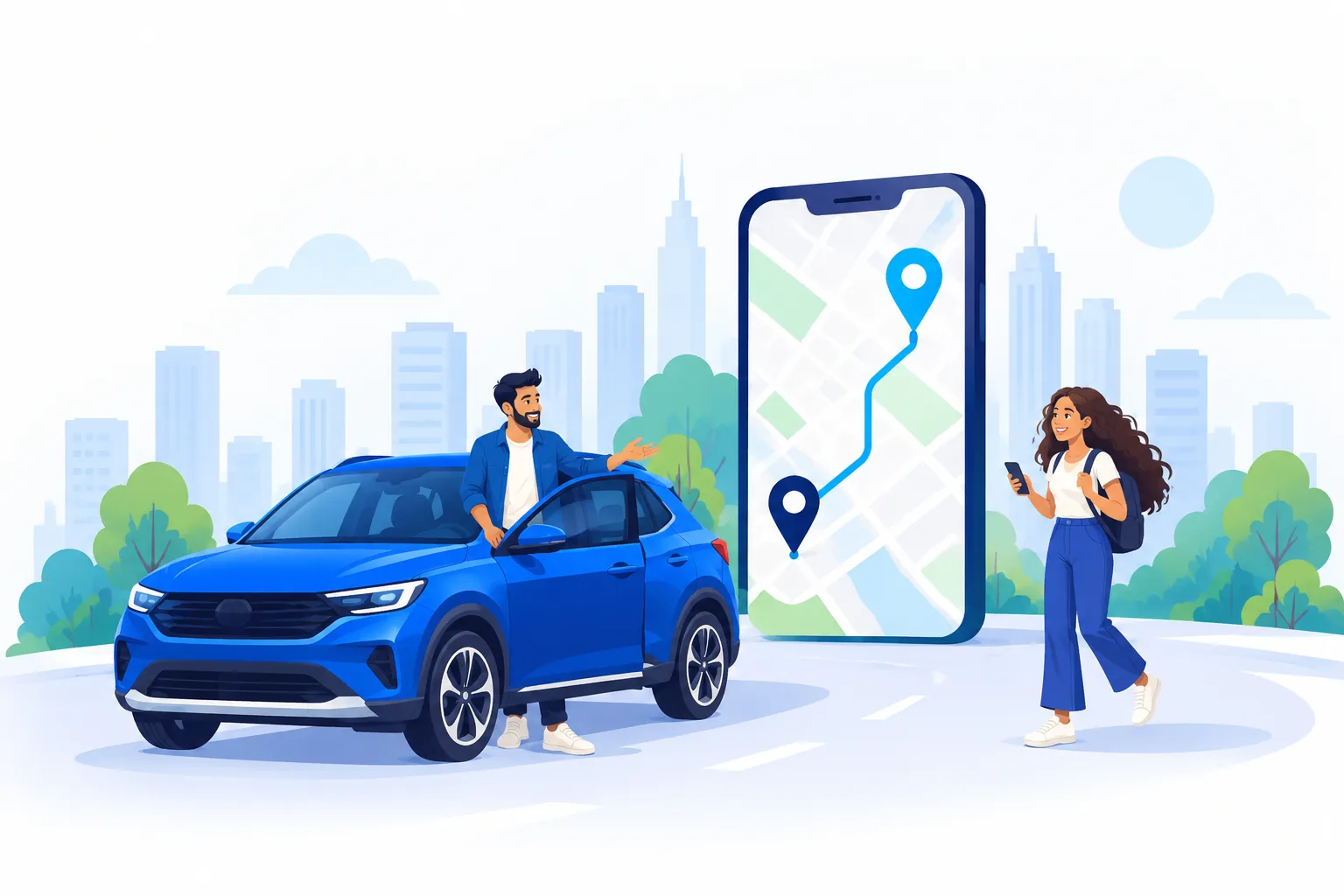 Illustration of a driver by a blue SUV waving to a passenger walking up with her phone, beside a large phone map showing their route