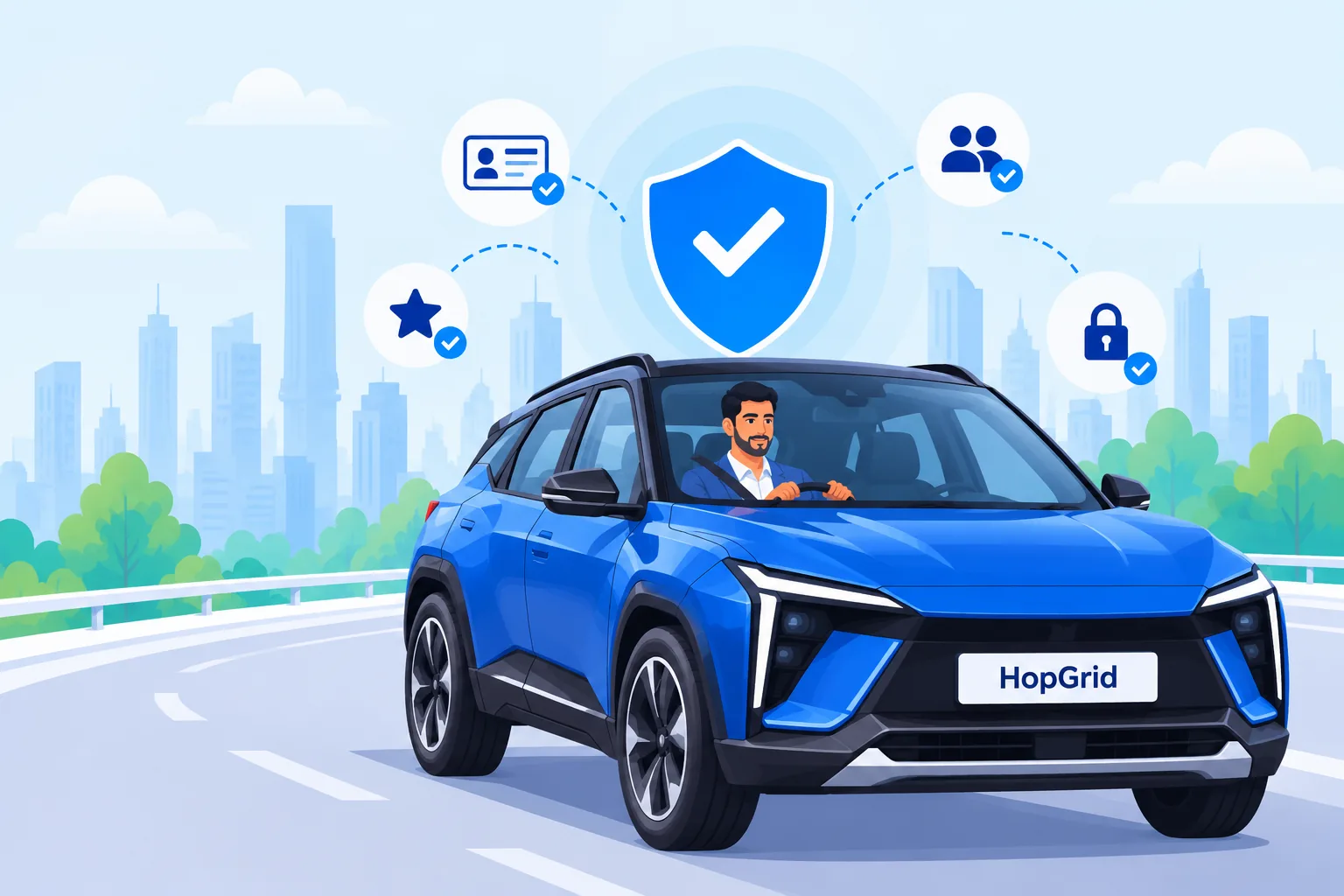 Illustration of a driver in a blue SUV on a city road, under a shield with a tick and icons for a licence, ratings, people and a lock